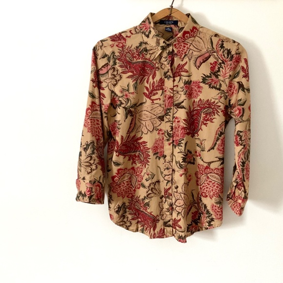 80’s 90’s Cotton Floral Paisley Blouse CHAPS Taupe Red Green Pink Beige Medium M - Picture 3 of 8